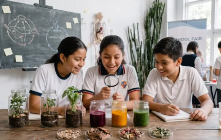 Estudiantes peruanos realizando experimentos para secundaria ecológicos