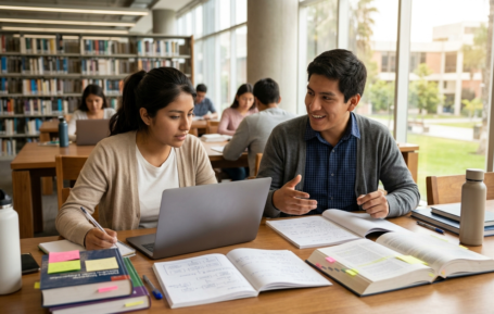 Estudiante universitario investigando en una biblioteca mientras aprende qué es el formato APA.
