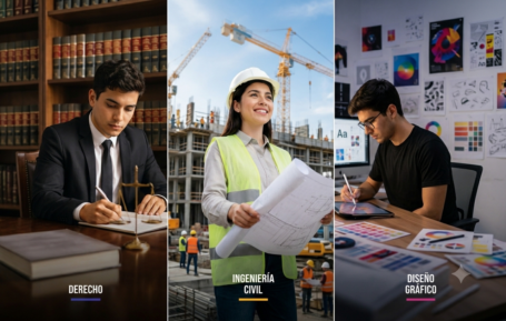 Collage de tres profesionales de ingeniería, derecho y diseño grafico, representando diferentes carreras para estudiar.