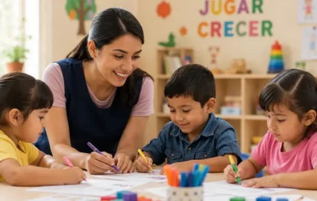 docente enseña a niños de educación inicial