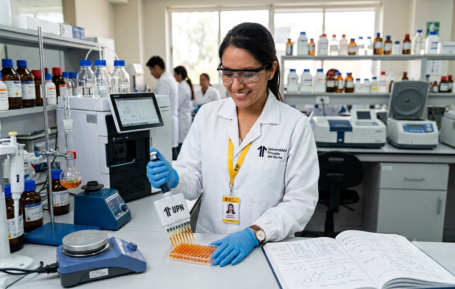 Estudiante de Química Farmacéutica utilizando instrumentos de laboratorio.