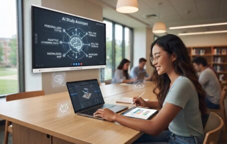 Estudiante utilizando herramientas de inteligencia artificial para estudiar desde su laptop.