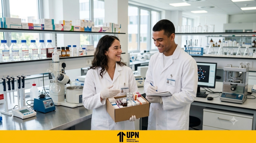 Dos químicos farmacéuticos revisando medicamentos en un laboratorio.