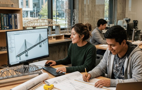 Estudiantes de Ingeniería Civil trabajando con planos y tecnología