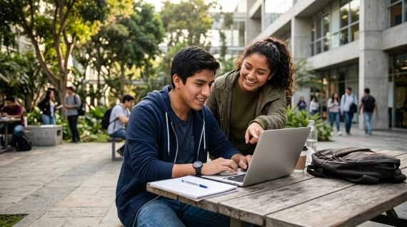 Joven estudiante en su laptop estudiando para prevenir la deserción universitaria