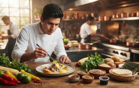 Chef peruano preparando un plato de alta cocina