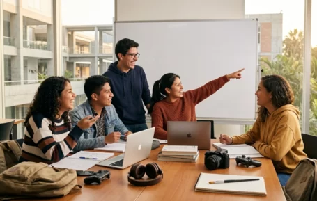 Cinco estudiantes peruanos en una sala moderna buscando nombres creativos para grupos de estudio.