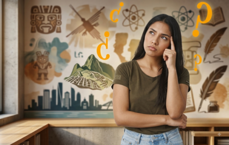Una joven peruana considera preguntas de cultura general en un ambiente de estudio.