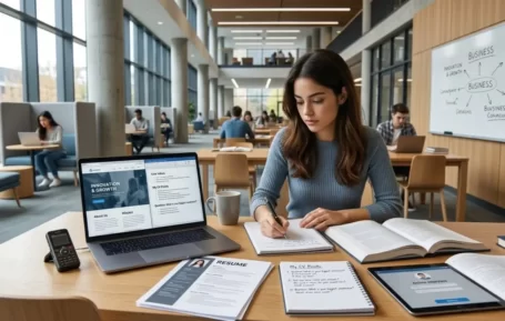 Estudiante universitario preparándose para una entrevista de trabajo