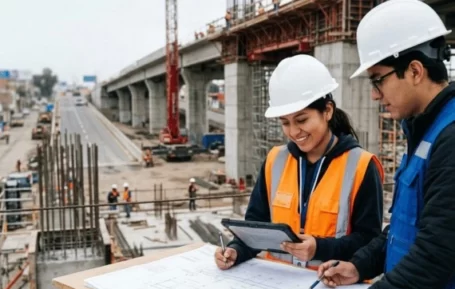 Estudiantes de Ingeniería Civil trabajando con planos y tecnología
