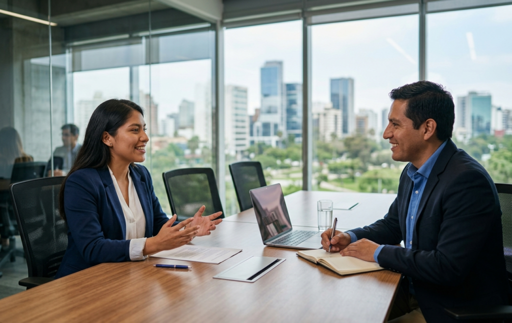 Candidata peruana desenvolviéndose en diferentes tipos de entrevista laboral.