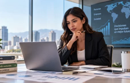 Profesional analizando gráficos e indicadores económicos en una oficina