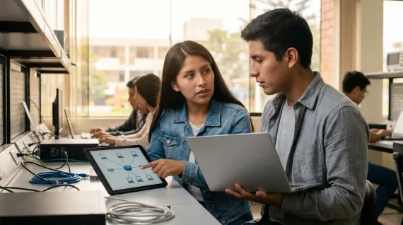 Estudiante de Ingeniería en Ciberseguridad con una tablet trabajando