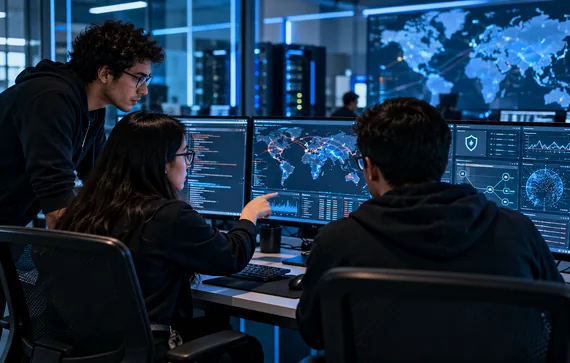 Profesionales de ingeniería en ciberseguridad monitoreando amenazas digitales