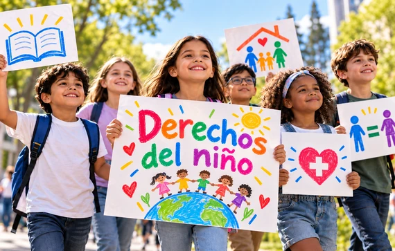 Niños marchando con carteles sobre los derechos del niño para promover la igualdad, educación y protección de la infancia.