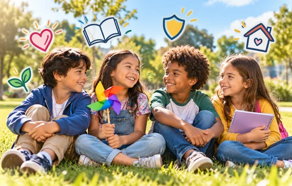 Niños compartiendo en un parque, rodeados de símbolos que representan los derechos del niño a la educación, protección, familia e igualdad