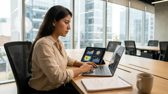 Trabajadora viendo imágenes de marketing mix en su escritorio