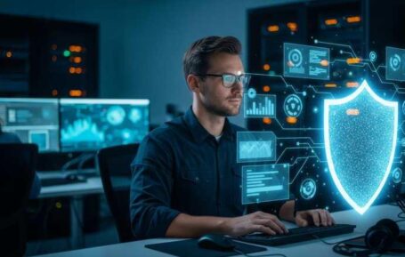 Ingeniero en ciberseguridad analizando amenazas digitales y protegiendo sistemas informático