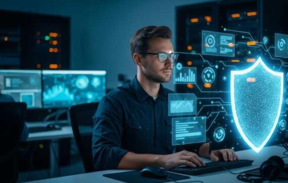 Ingeniero en ciberseguridad analizando amenazas digitales y protegiendo sistemas informático