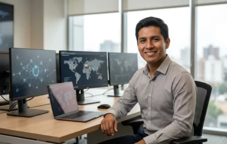 Profesional peruano de ingeniería de ciberseguridad está sentado frente a su escritorio