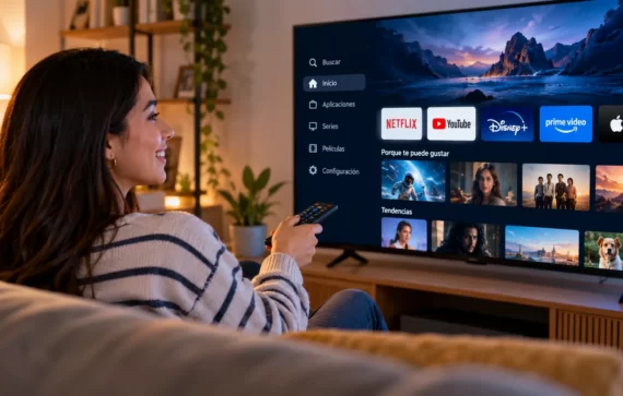 Joven utilizando un Smart TV con aplicaciones de streaming